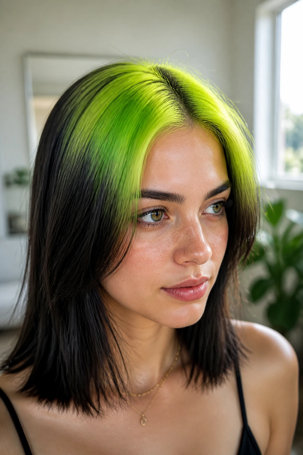 Portrait of a real person with neon green crown highlights on the top layer