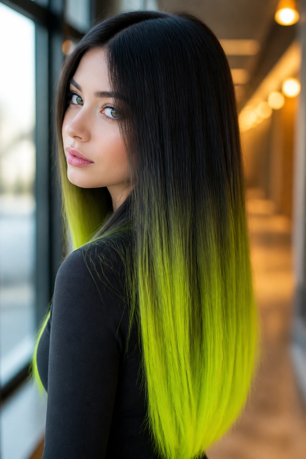 Portrait of a real person with dark-to-neon-green ends