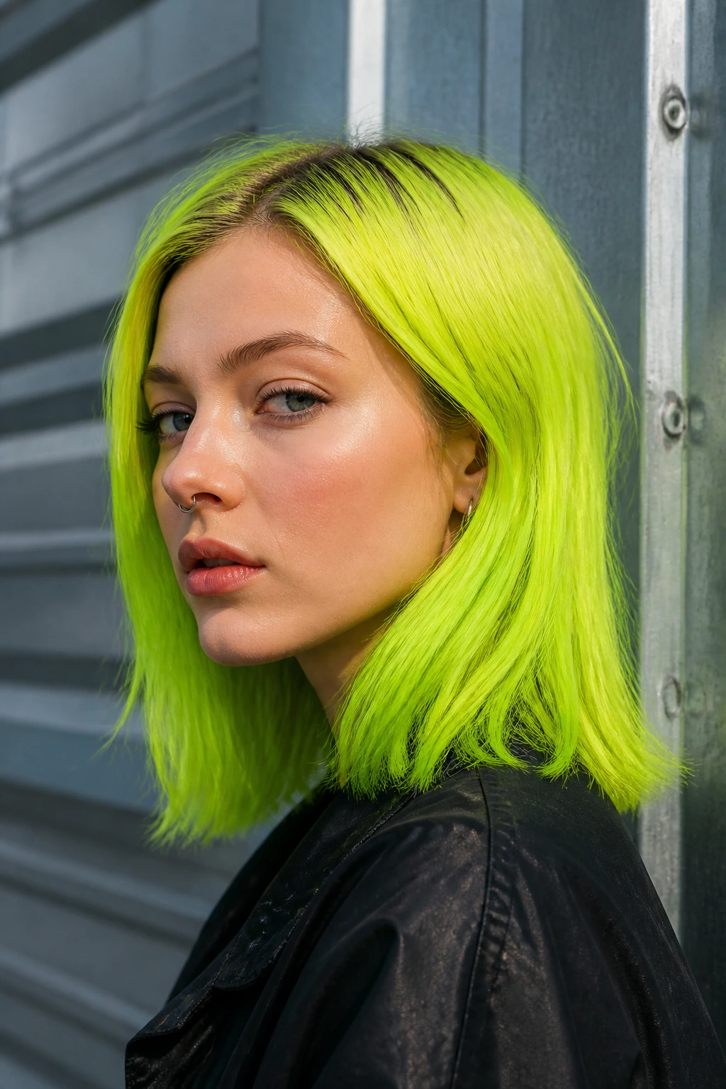 Close-up portrait of a person with neon green hair against a grey industrial backdrop