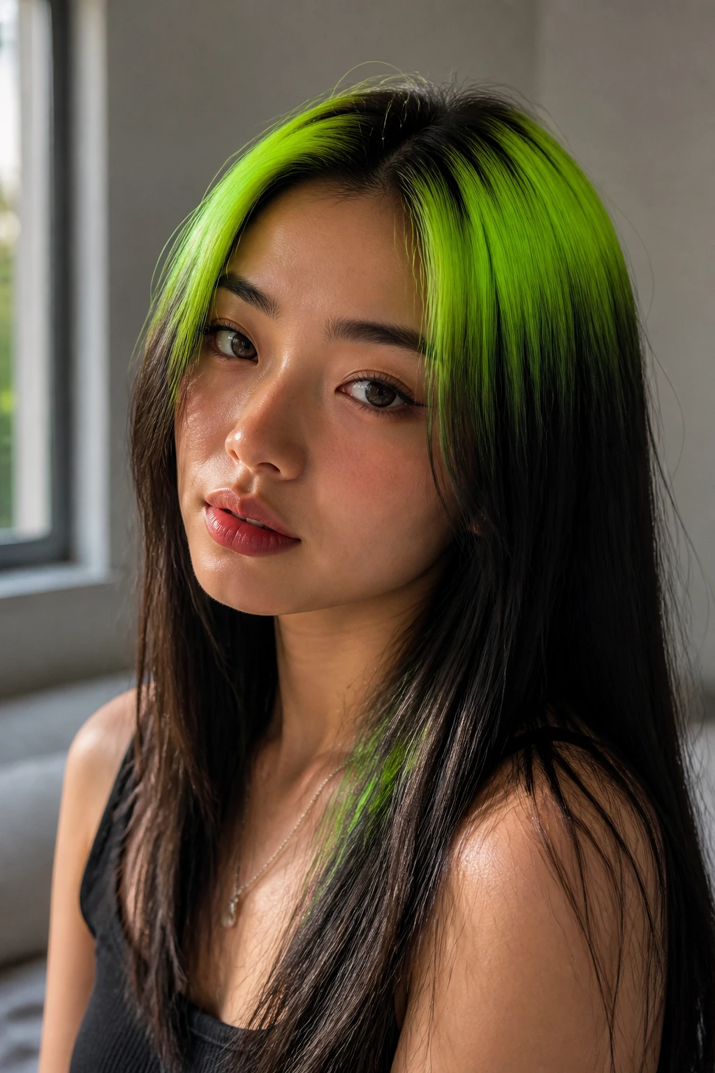 Portrait of a real person with neon green halo around the crown