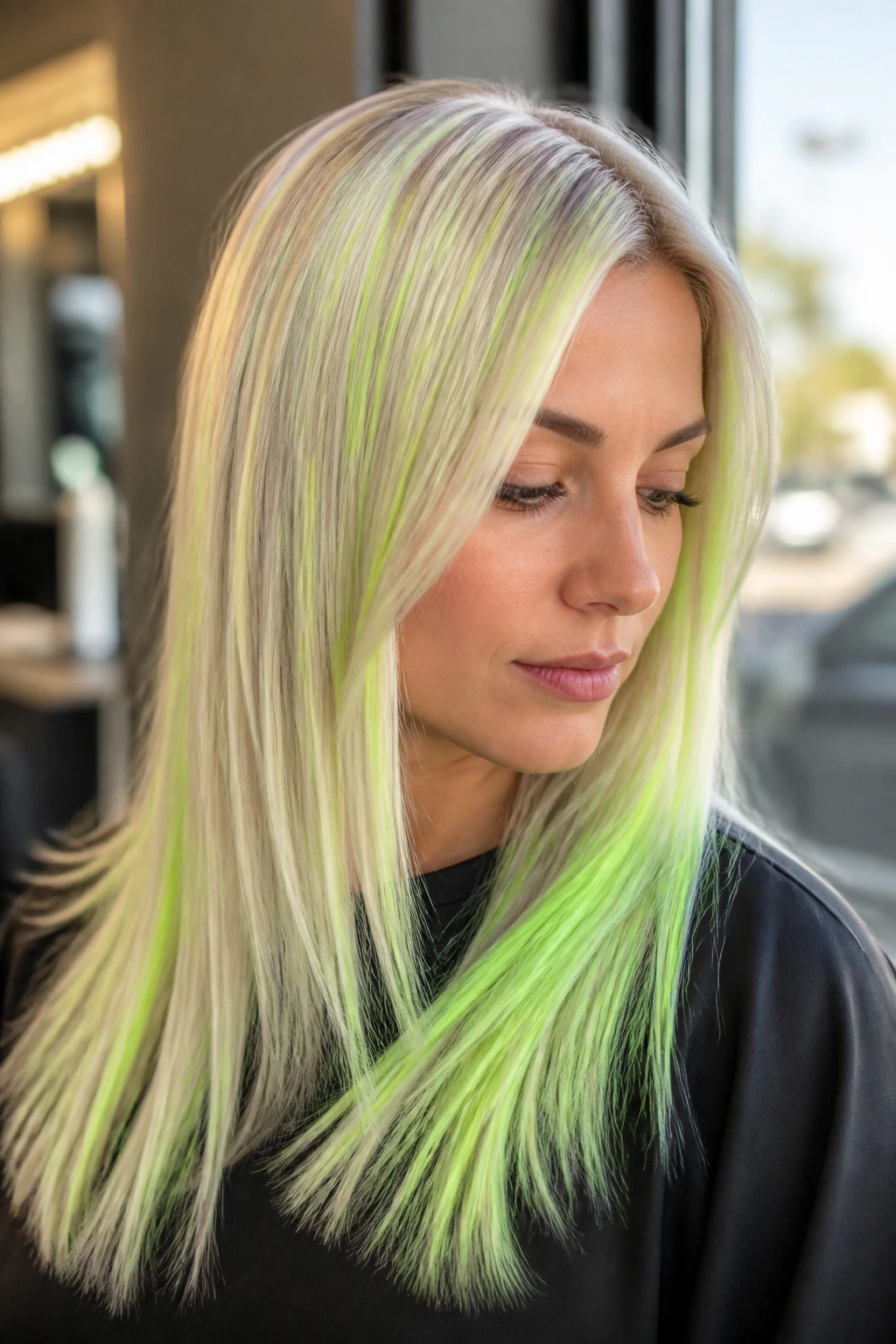 Close-up of a real person with neon green highlights on platinum blonde