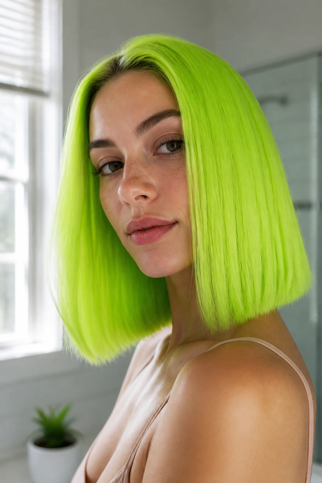 Portrait of person with neon green hair in a softly lit bathroom-like corner