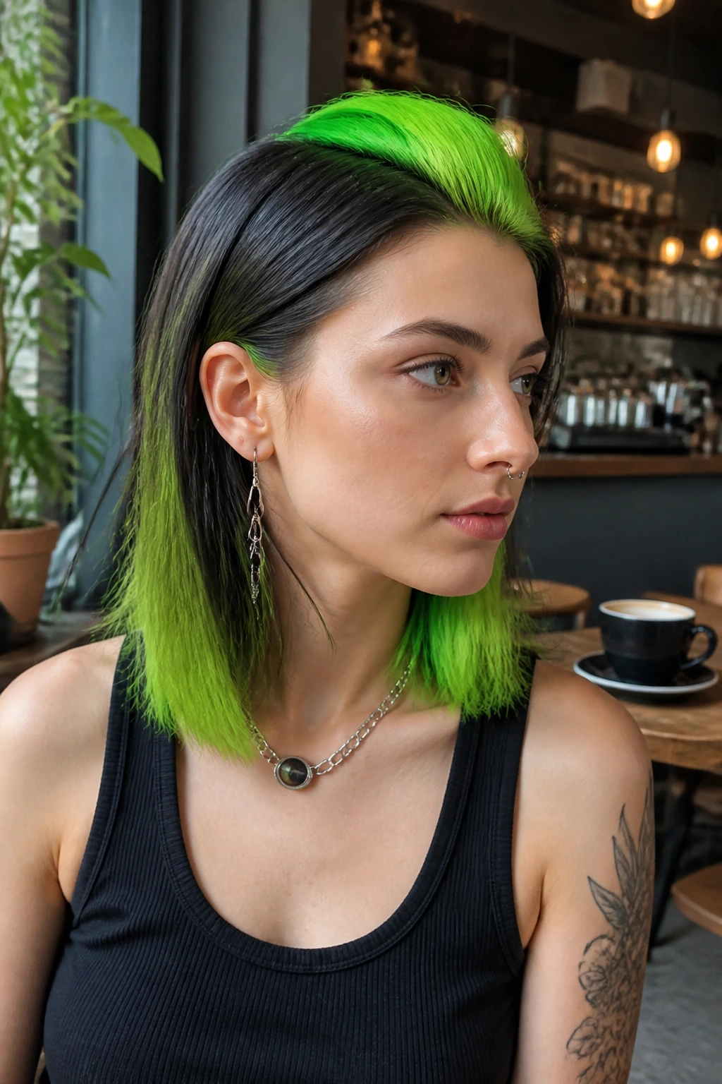 Portrait of a person with neon green center mohawk