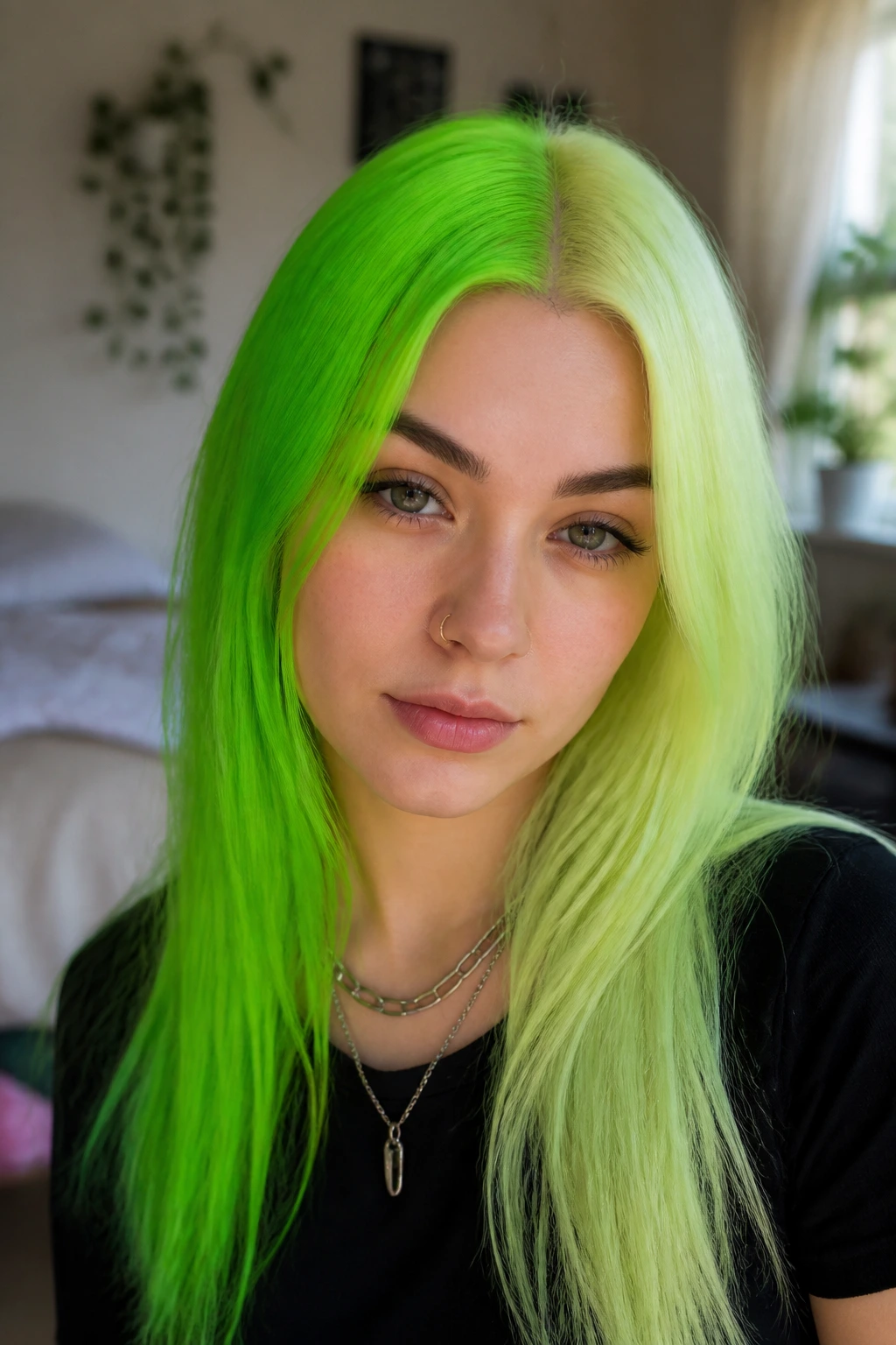 Close-up portrait of a real person with neon green and pastel green split hair