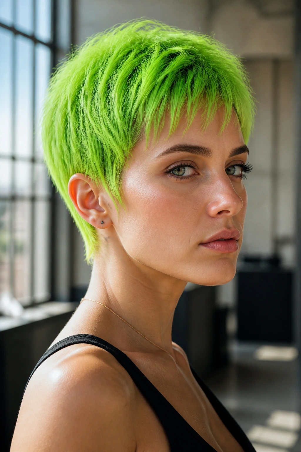 Close-up portrait of a real person with a neon green pixie cut