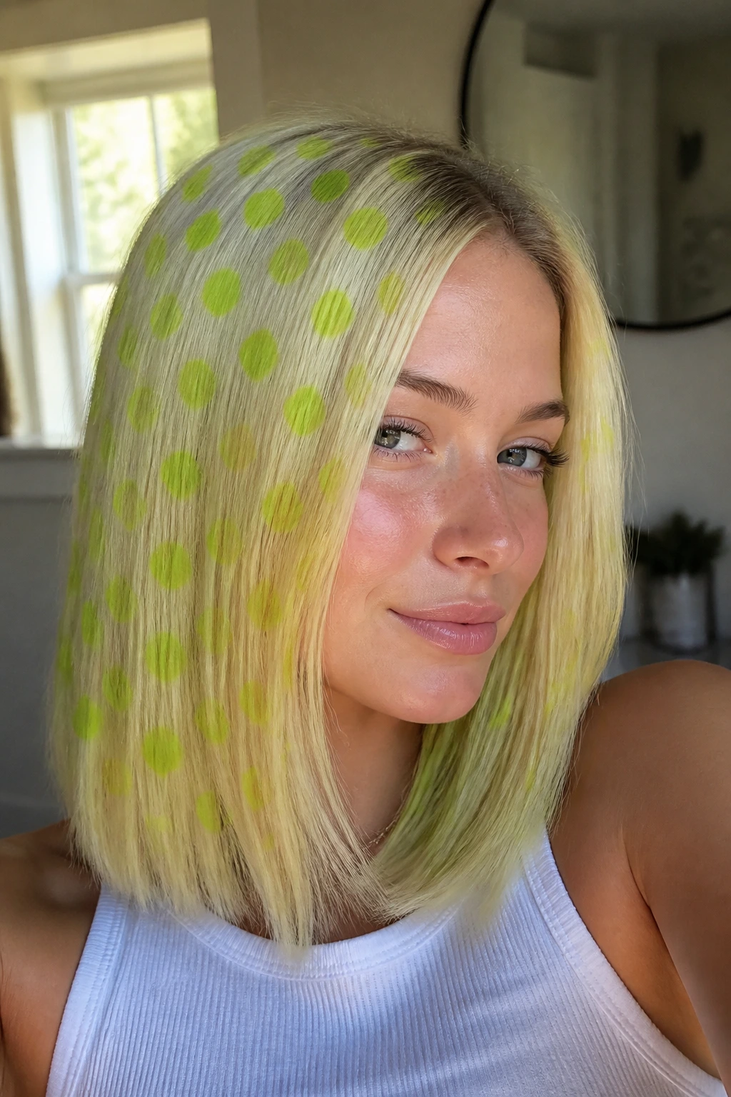 Portrait with neon green polka dot highlights on blonde hair