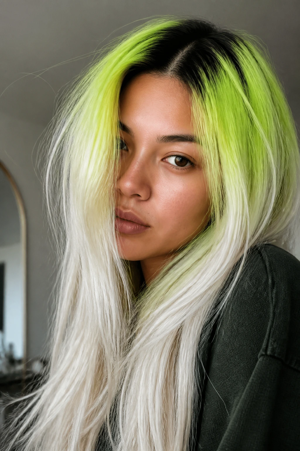 Portrait of person with neon green root smudge and platinum ends
