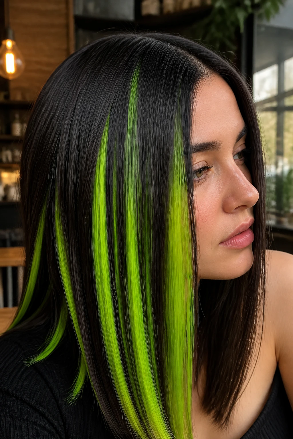 Real person showing neon green peek-a-boo streaks in straight hair