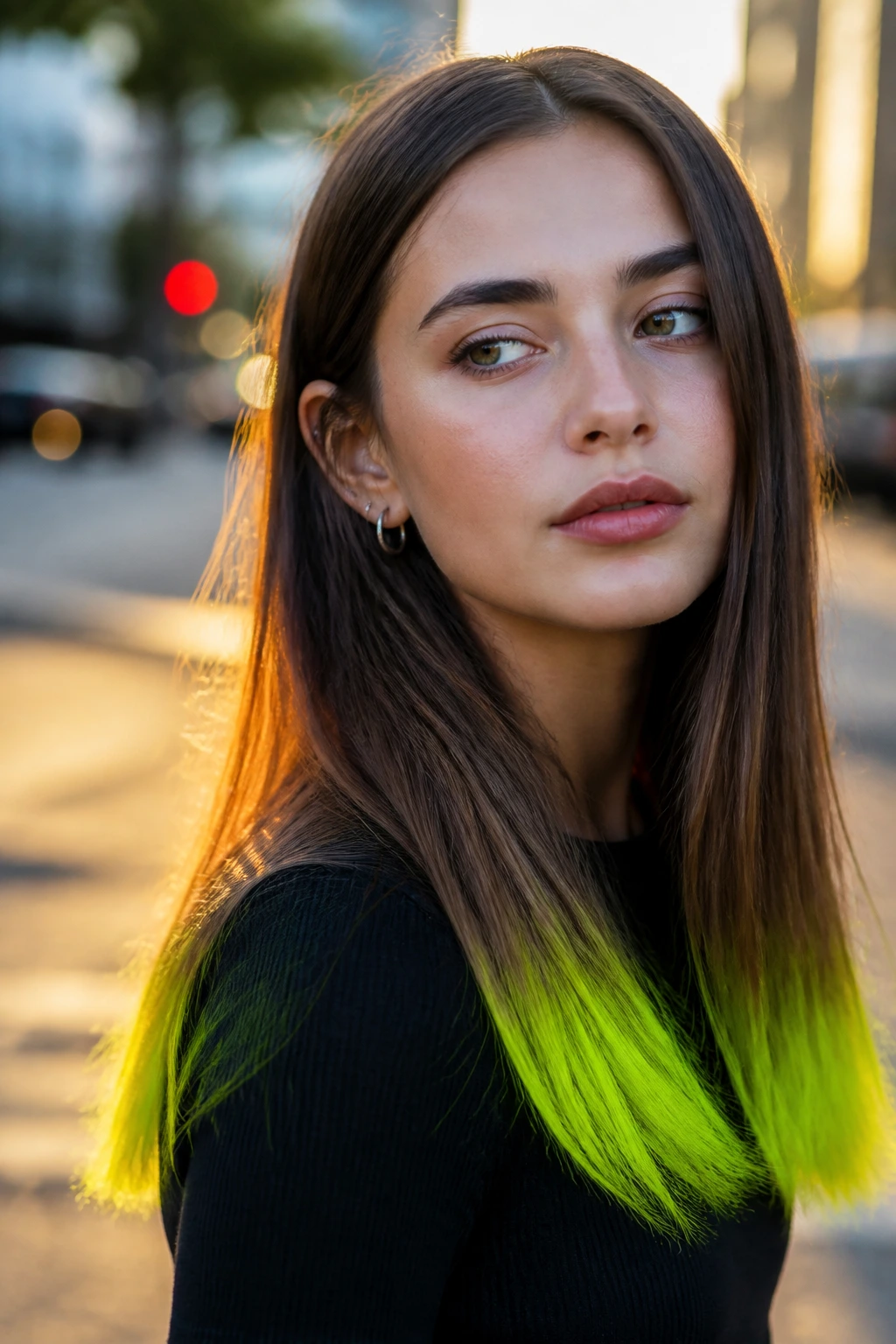 Real person showing neon green dip-dye tips on straight hair