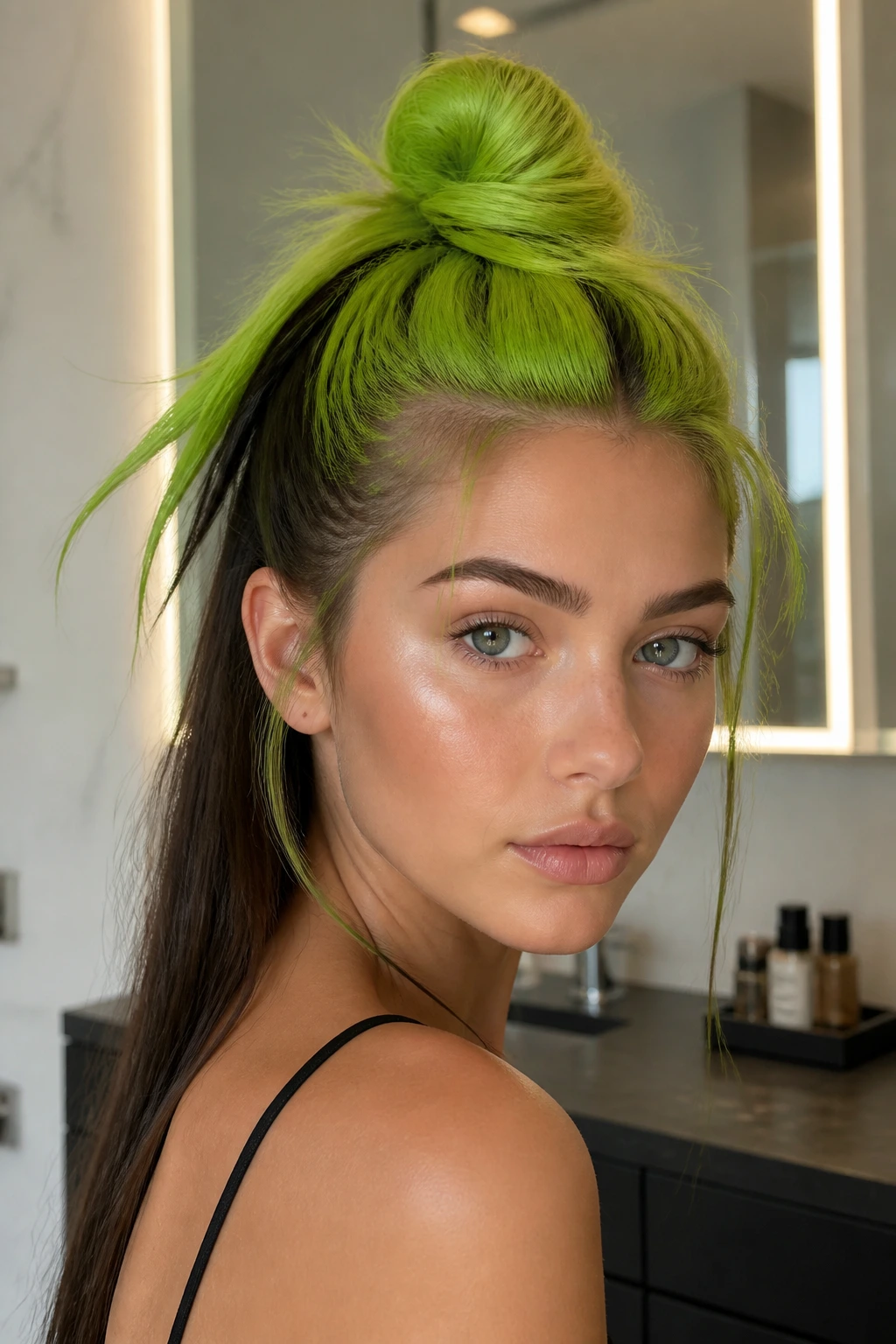 Close-up of a real person with neon green top knot