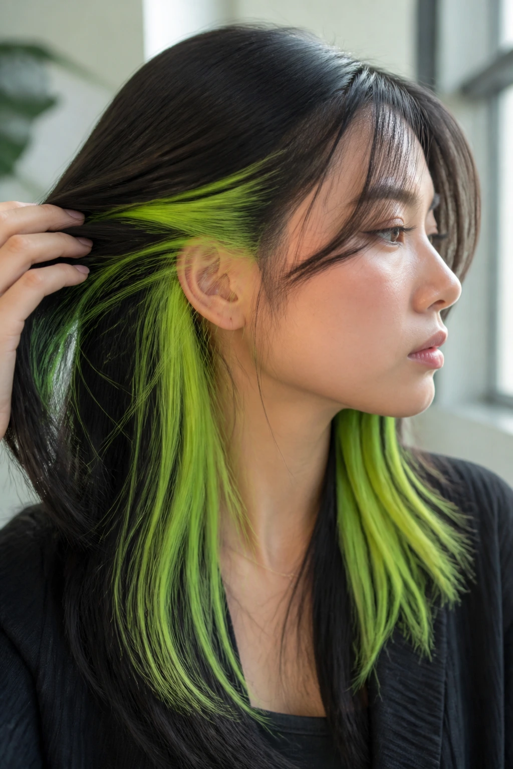 Portrait of a person showing neon green underlights beneath straight hair