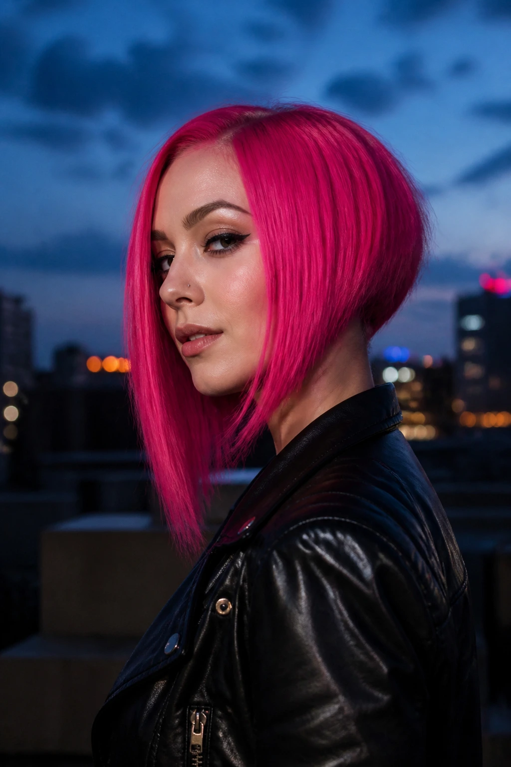 Medium close-up of a real person with a neon magenta A-line hairstyle showing the angled silhouette.