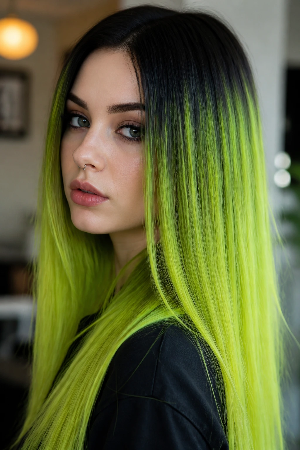 Person with neon green ombré from dark roots to bright tips