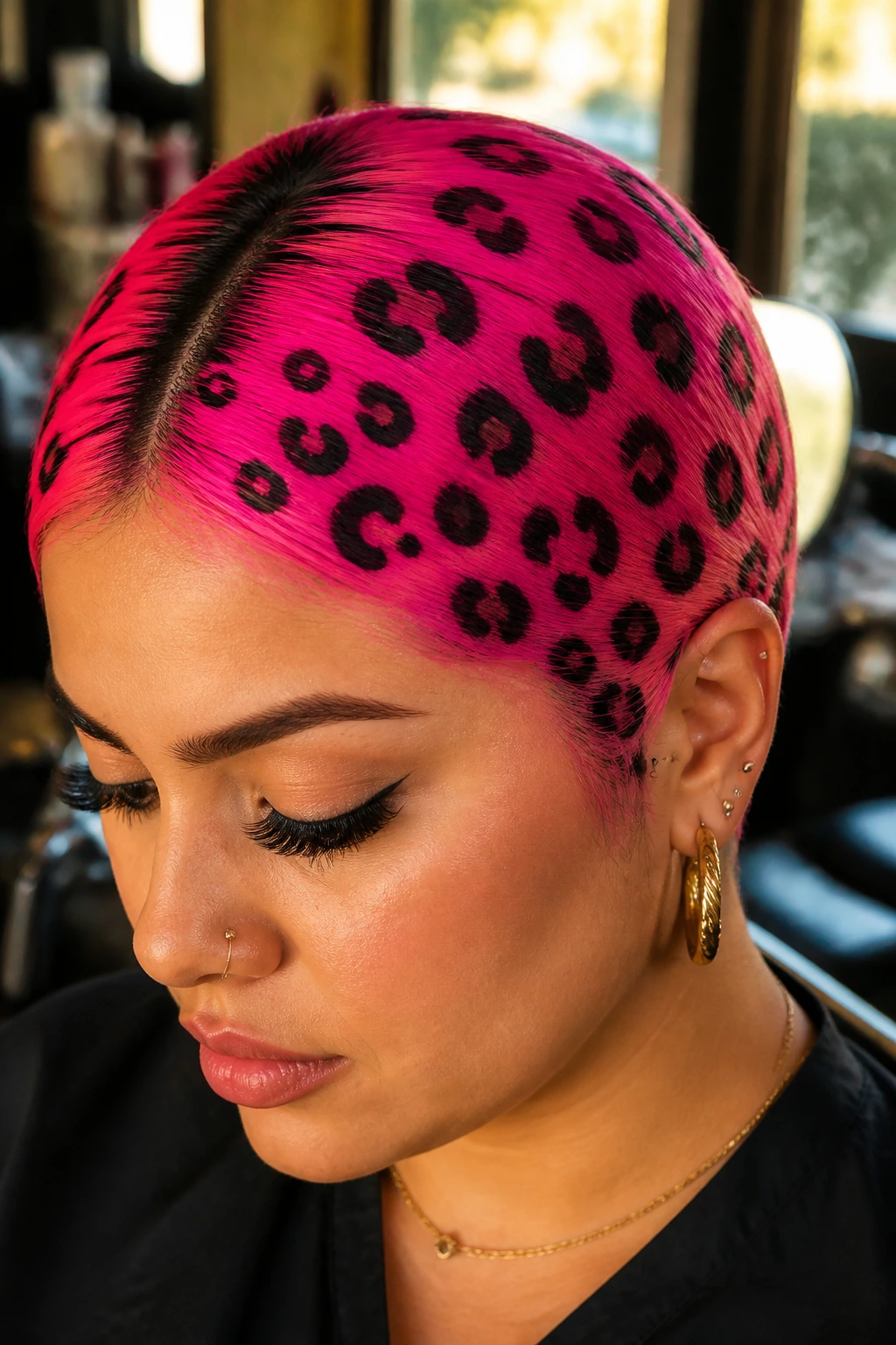 Close-up of a real woman with neon pink hair and black leopard rosettes in a salon.