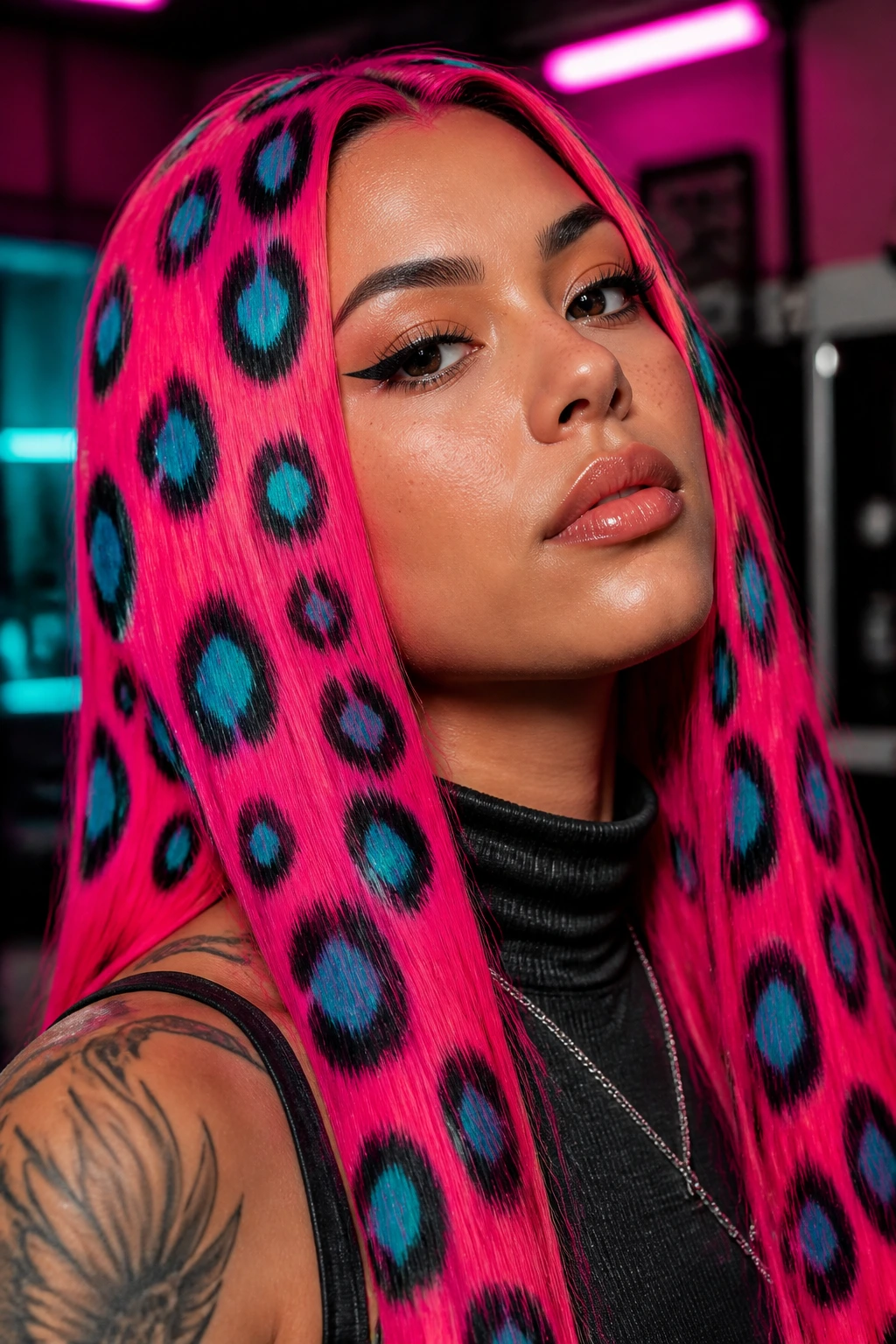 Close-up of neon pink leopard hair with teal accents on a real person in studio light