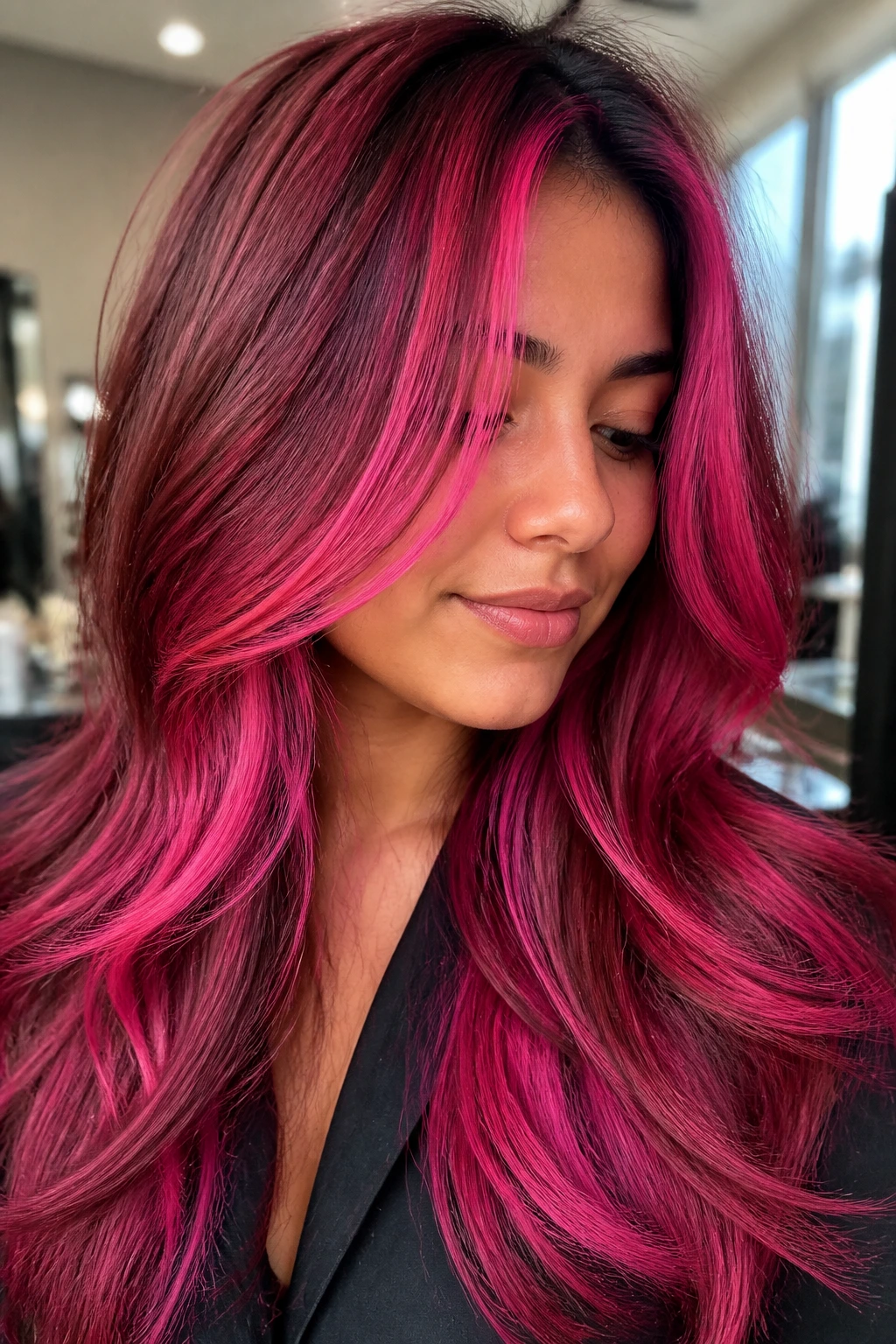 Close-up of a real person with neon pink and dark berry hair mix in long layered style