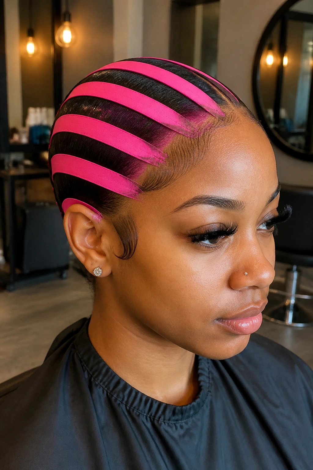 Portrait of a real woman with chunky neon pink ribbons across the head.