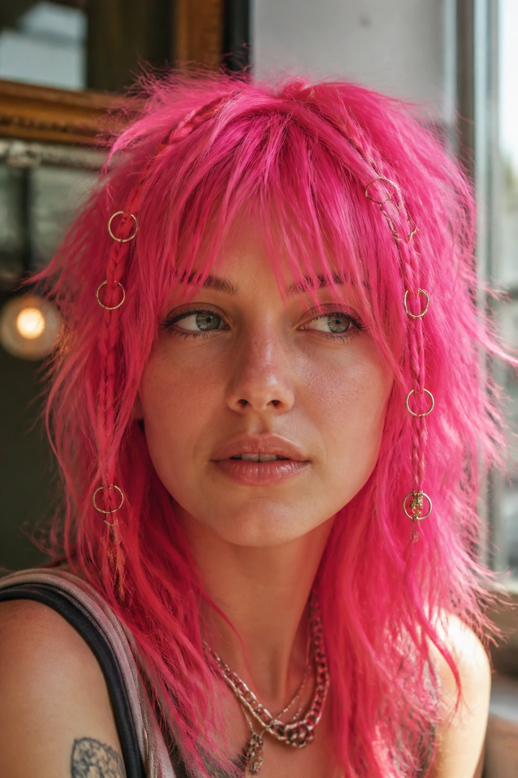 Close-up of a real woman with neon pink shag and metallic hair rings near the face.