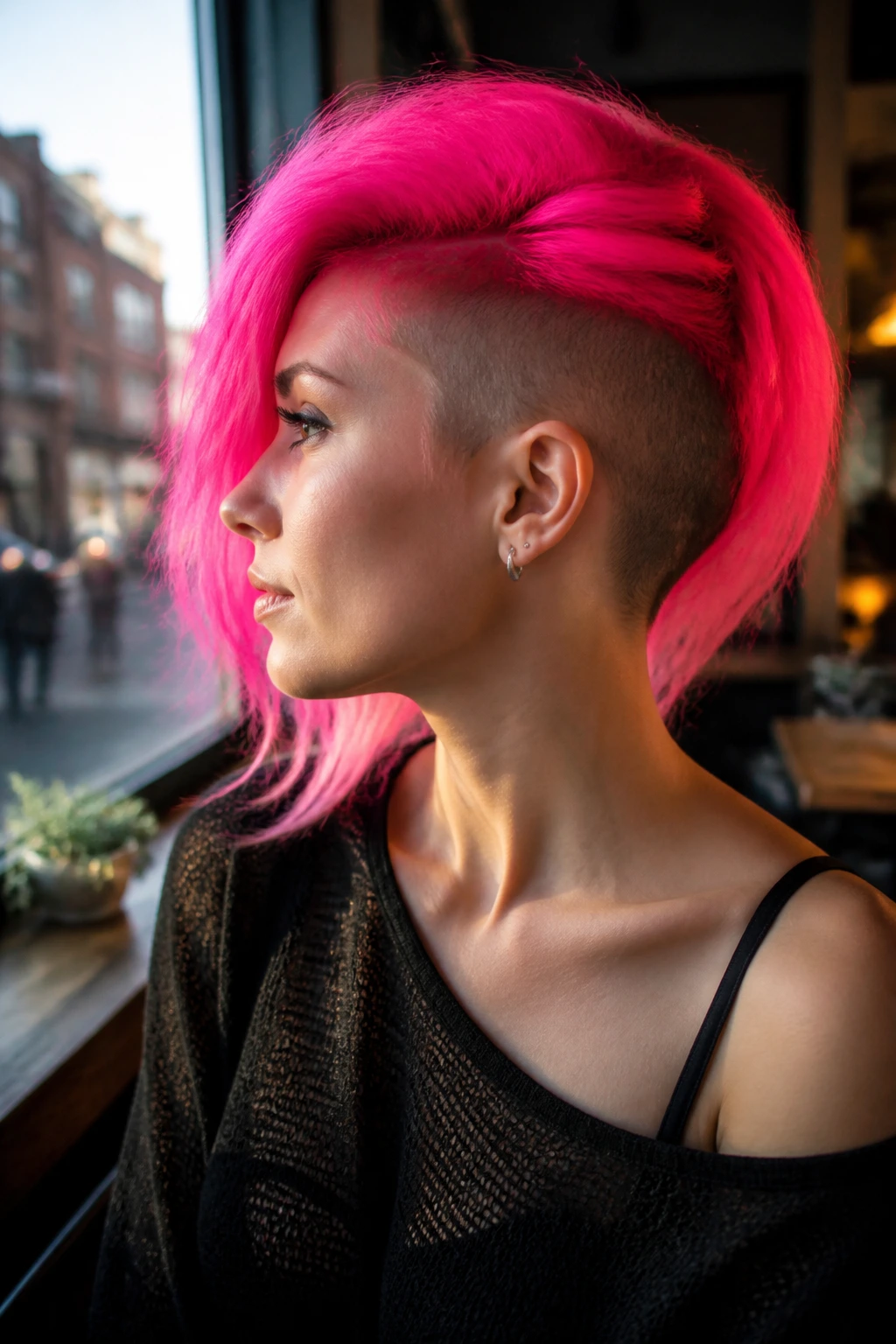 Side-profile of a real person with neon pink undercut and long top hair