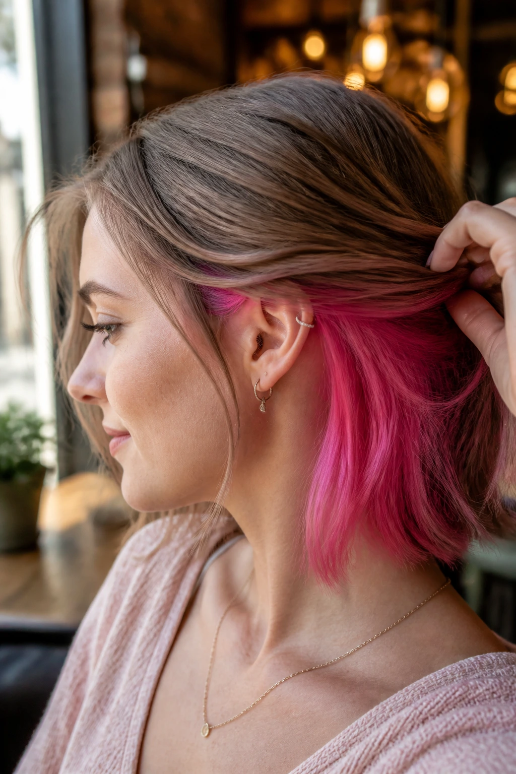 Portrait of a real woman with neon pink underlayer visible beneath top hair