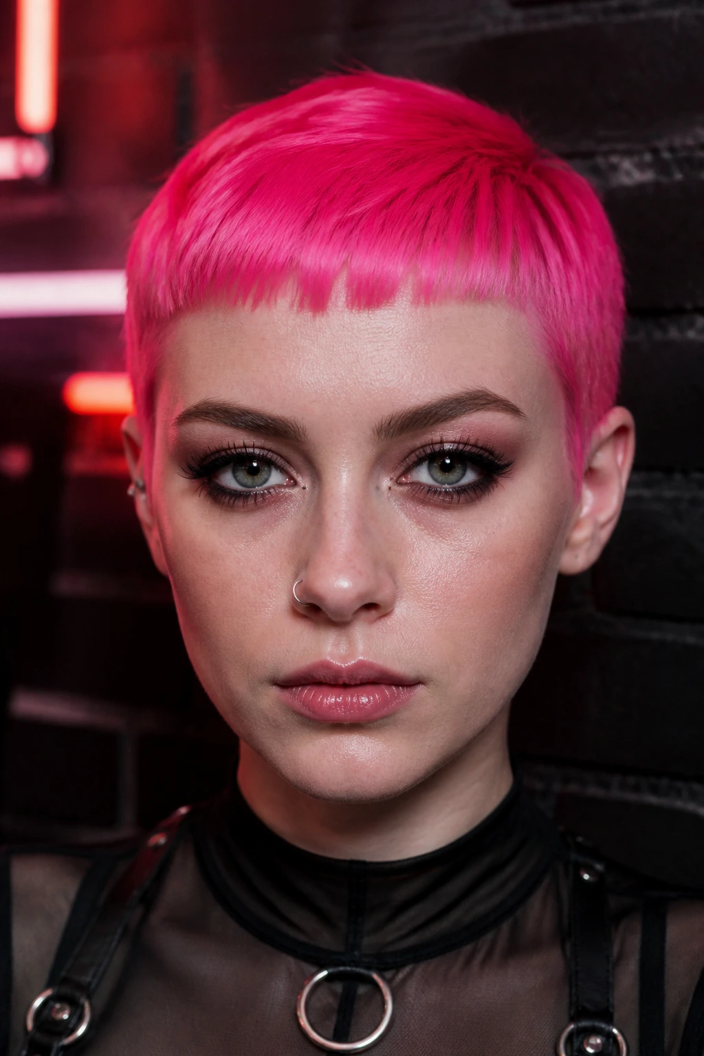 Close-up of a real woman with a neon pink micro-bang pixie cut