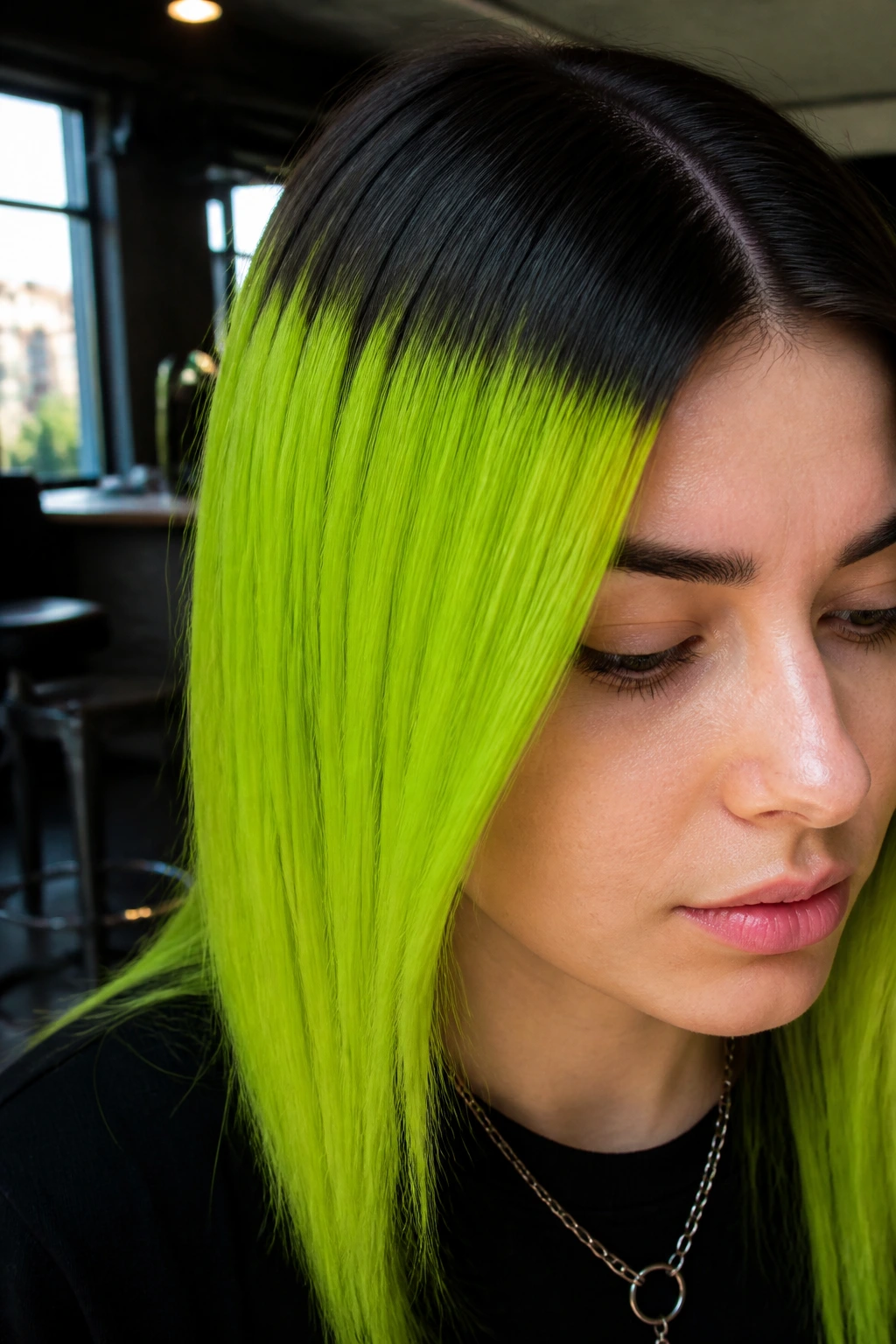 Close-up of dark natural roots meeting neon green in a sharp line