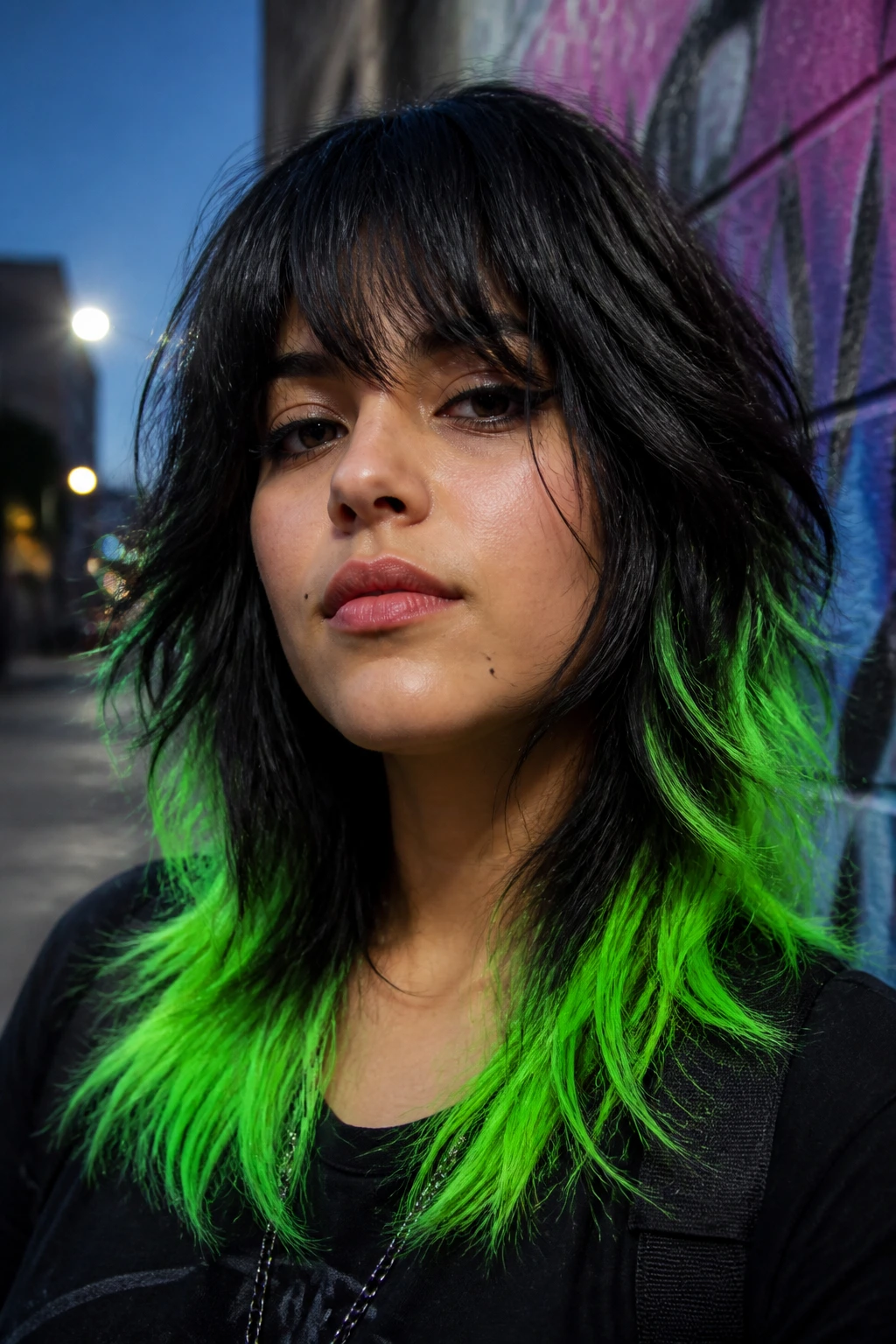 Close-up of Latina woman with choppy layers and neon green tips