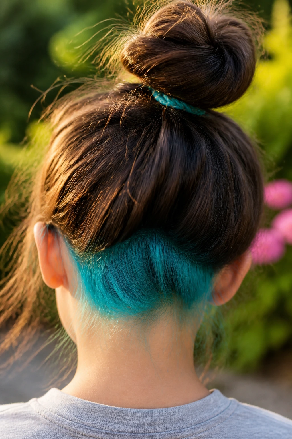 Back profile of a child showing neon turquoise peek-a-boos at the nape