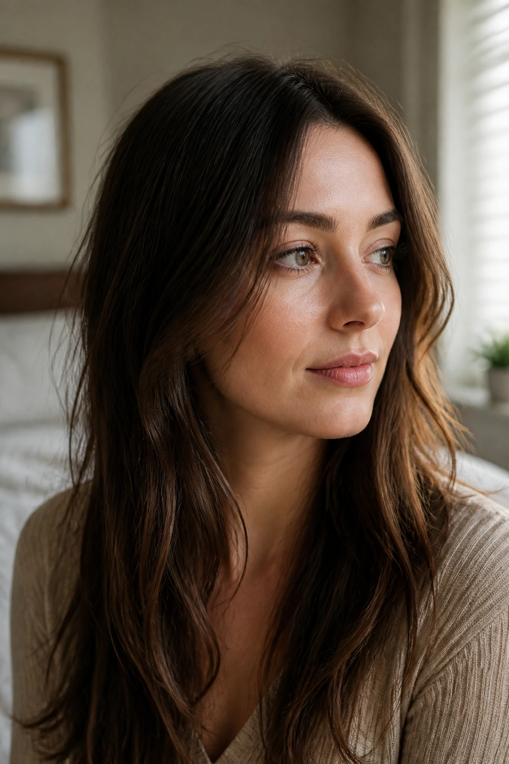 Close-up of a real person with air-dried hair under natural light, no heat tools in view