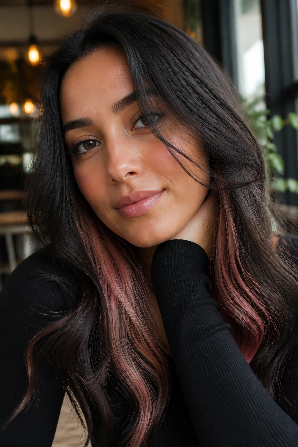 Close-up of nude pink peek-a-boo panels under dark hair