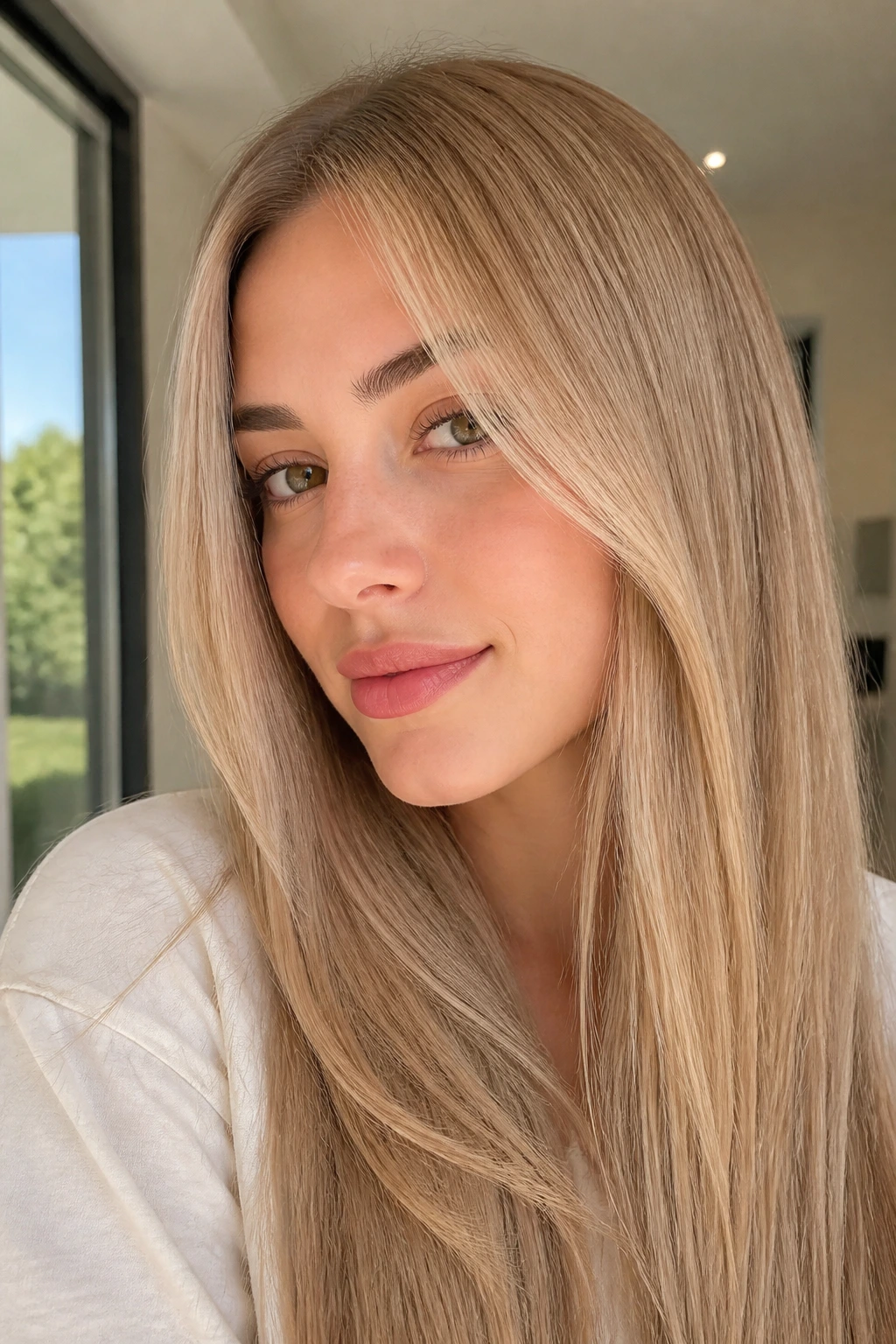 Close-up portrait of a real woman with oatmeal cream hair in natural light