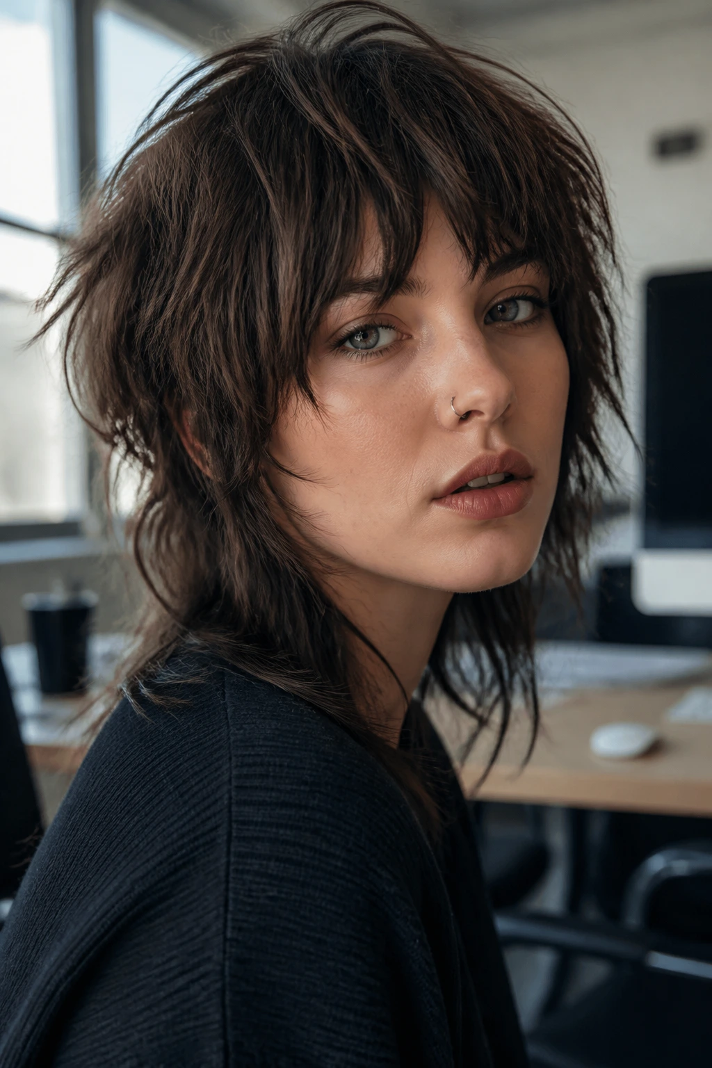 Portrait of a real person with shag haircut in an office setting