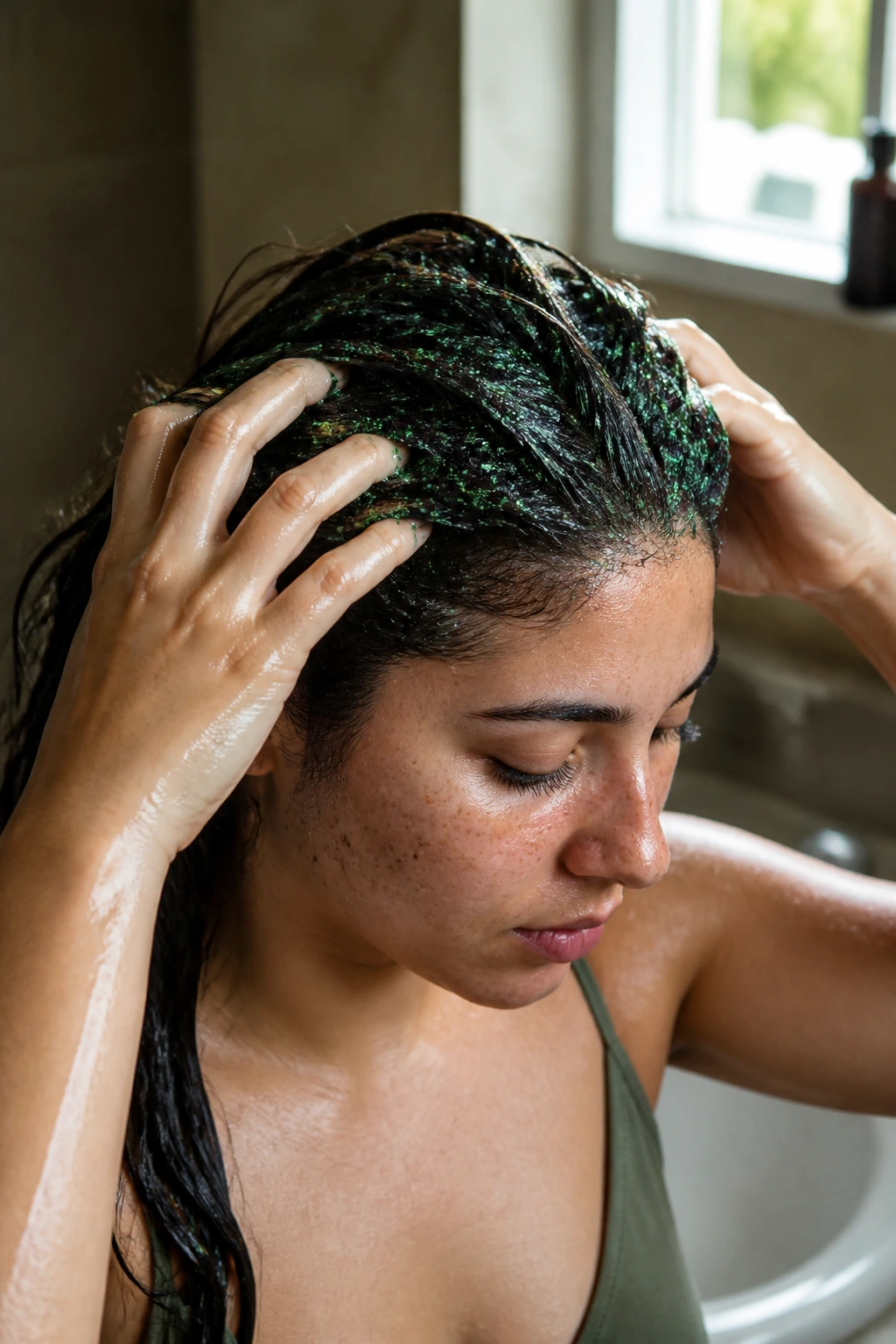 Person applying oil to glitter-coated hair during removal