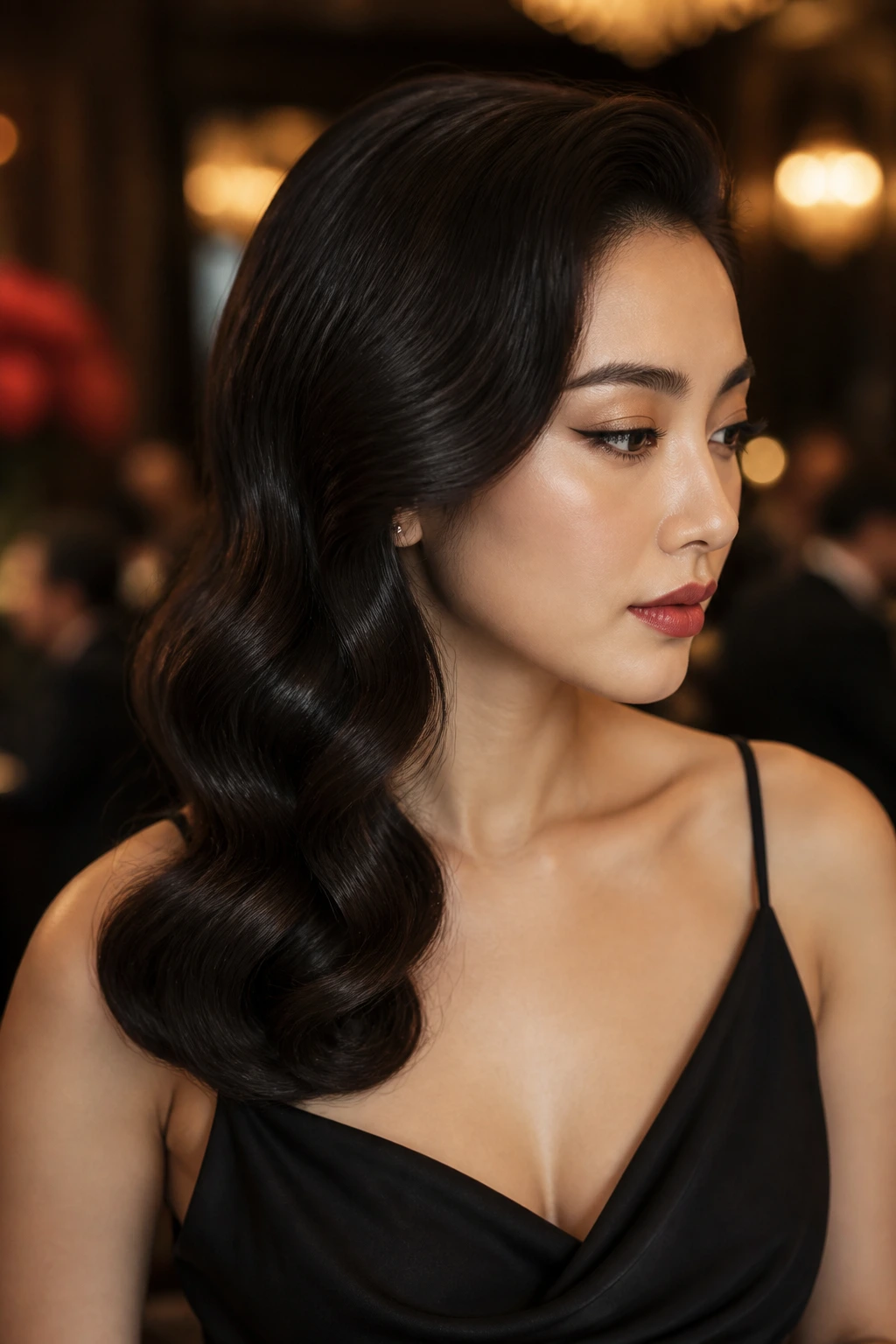 Medium close-up of a woman with deep side-part glamorous waves