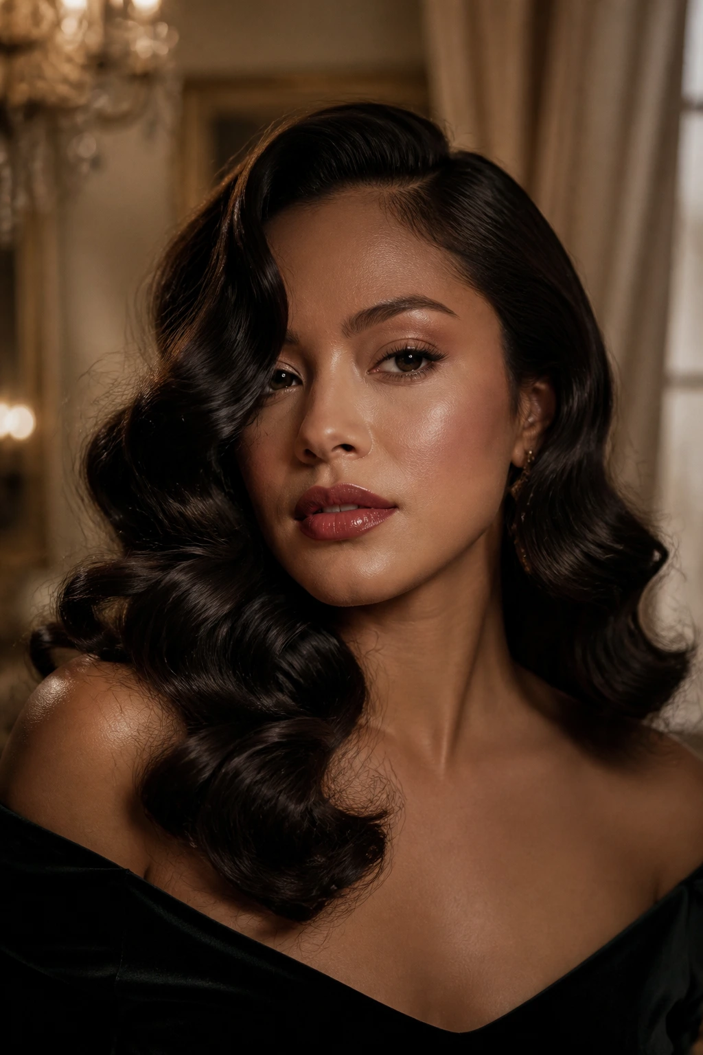 Close-up of a real woman with Old Hollywood waves in warm lighting
