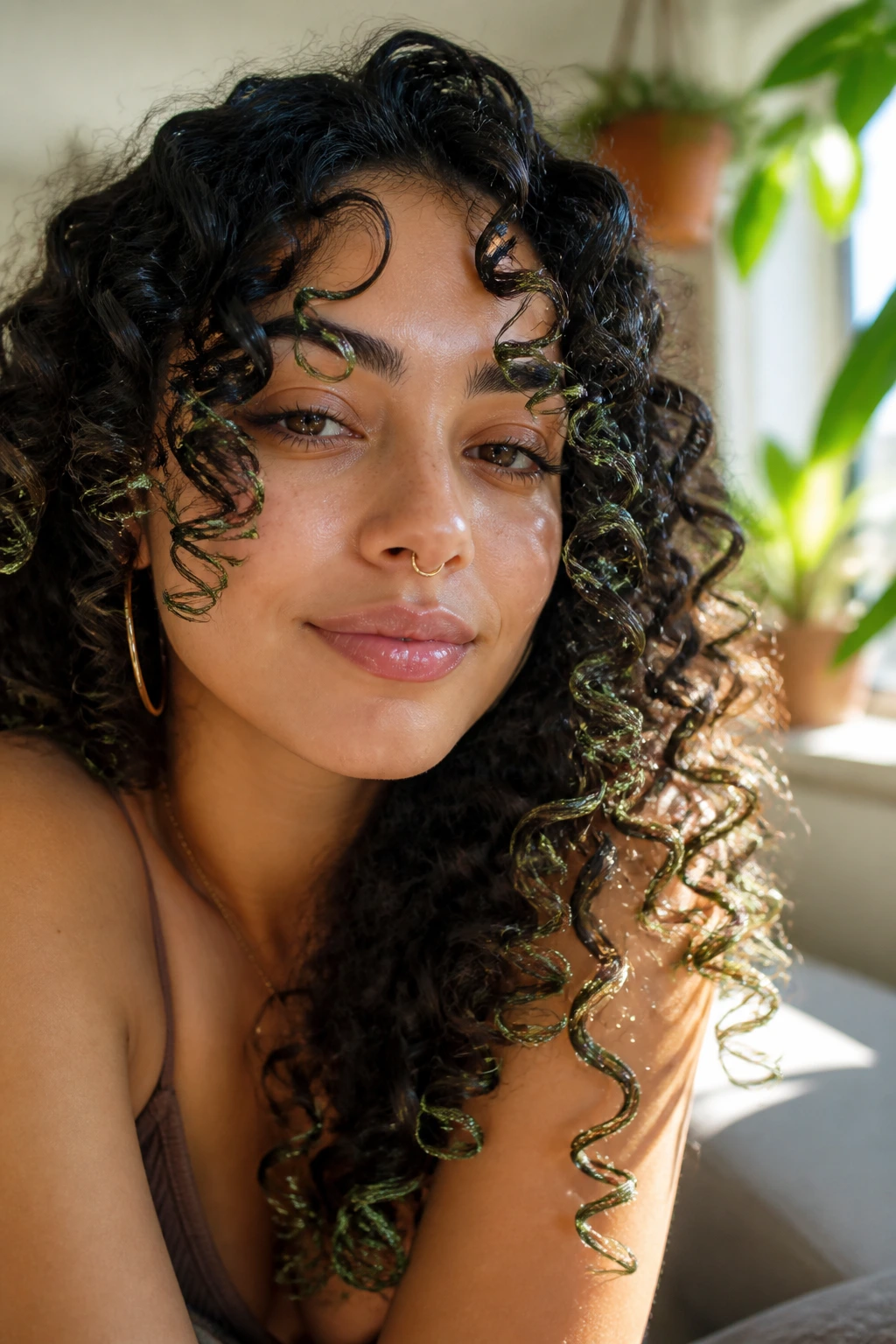Latina with olive-green glitter on curl tips