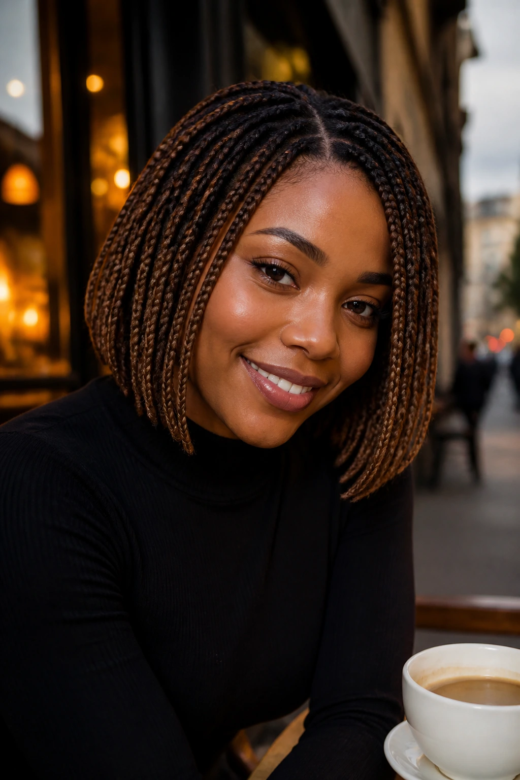 Close-up of a real woman with a two-tone ombré braided bob at dusk in a street-side cafe.