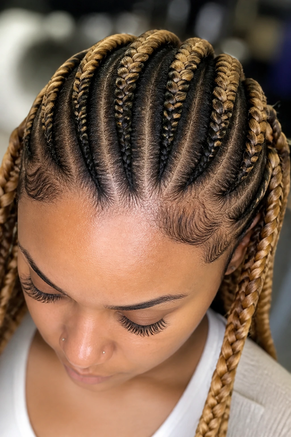 Close-up of braids with dark roots and light ends on a real woman