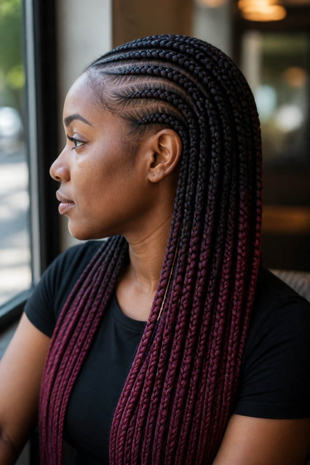 Side profile of a real woman with ombré feed-in braids transitioning from dark roots to plum.