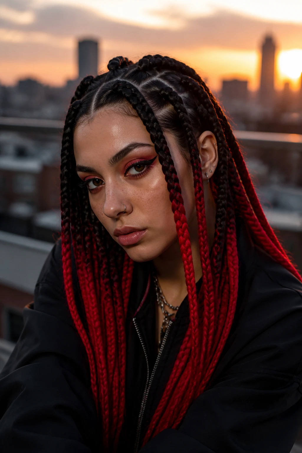 Portrait of a person with high-contrast ombré braids on a rooftop at sunset