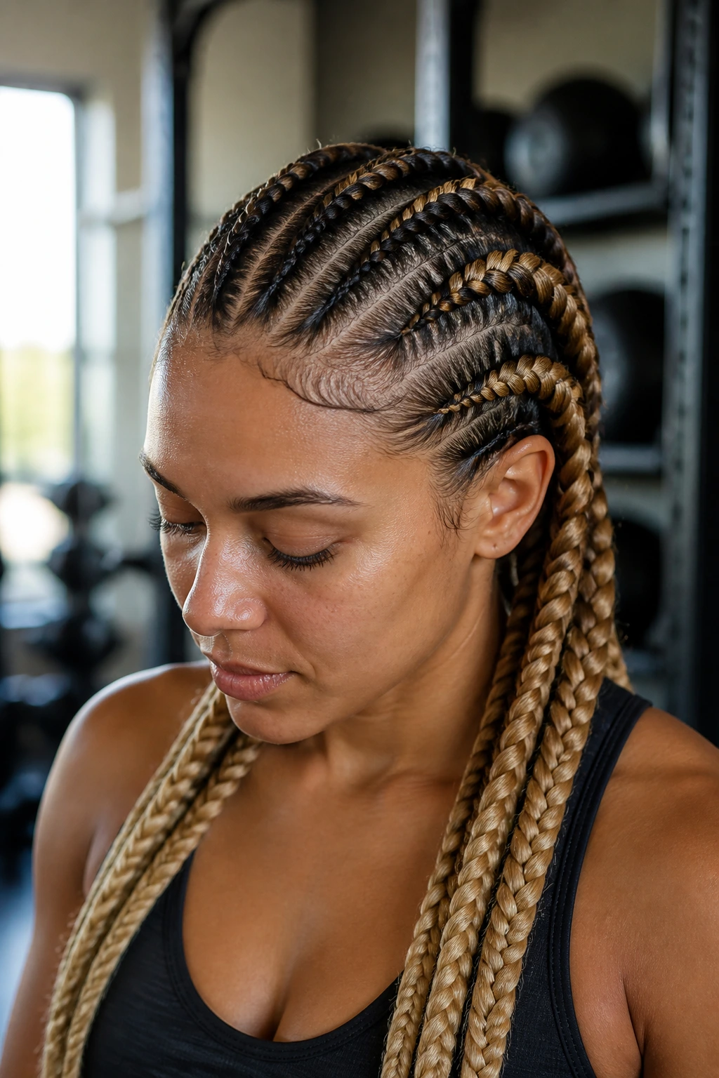 Close-up of a real woman with ombré goddess cornrows during workout, hair gradient from dark roots to light tips.
