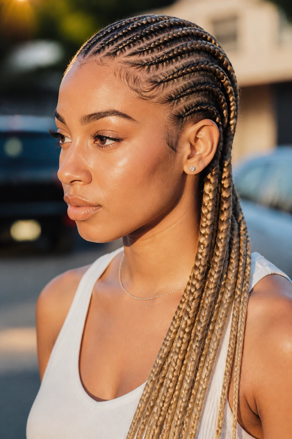 Close-up of a real person with ombré blonde cornrows