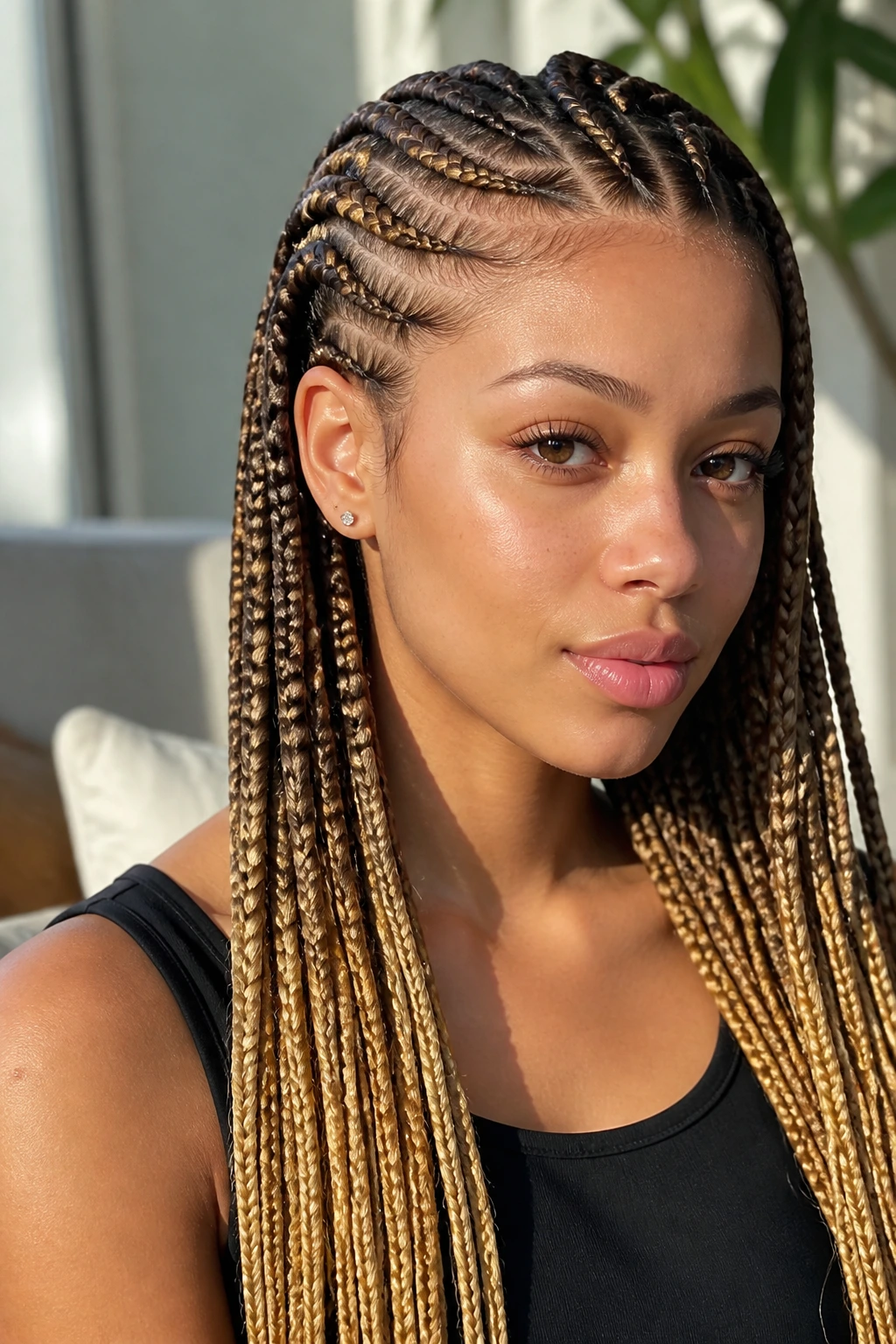 Close-up of real woman with honey-blonde ombre cornrows