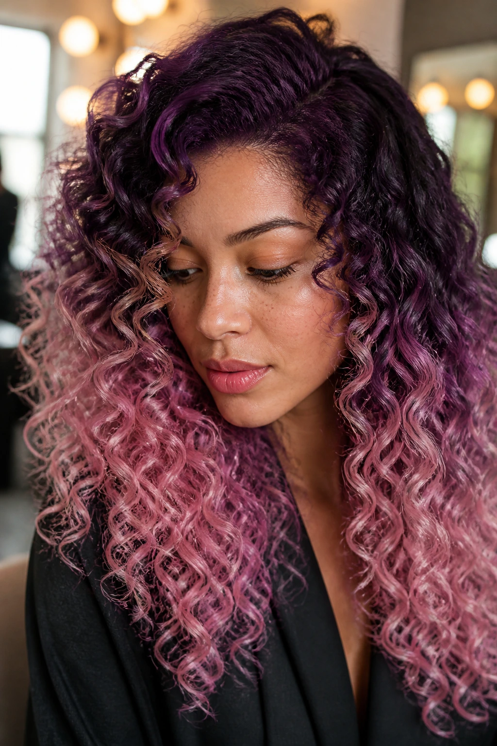 Close-up of a real woman with deep violet to rose quartz ombré curls