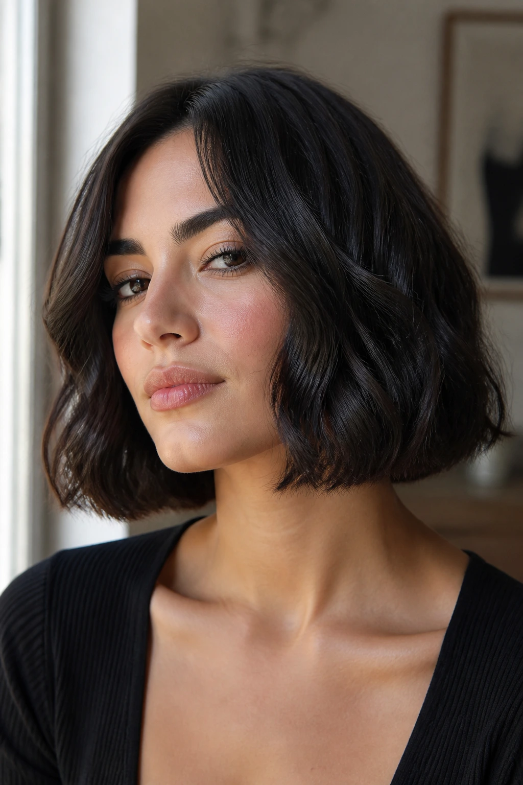 Close-up portrait of a real woman with a thick, wavy one-length bob just below the jawline.