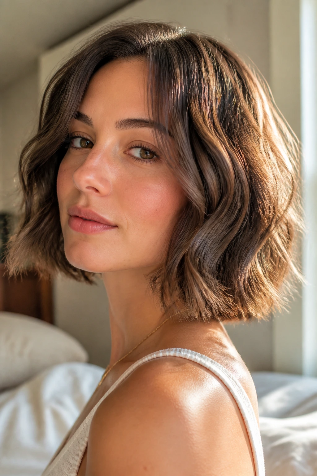Close-up of a real woman with a neck-length wavy bob in warm window light
