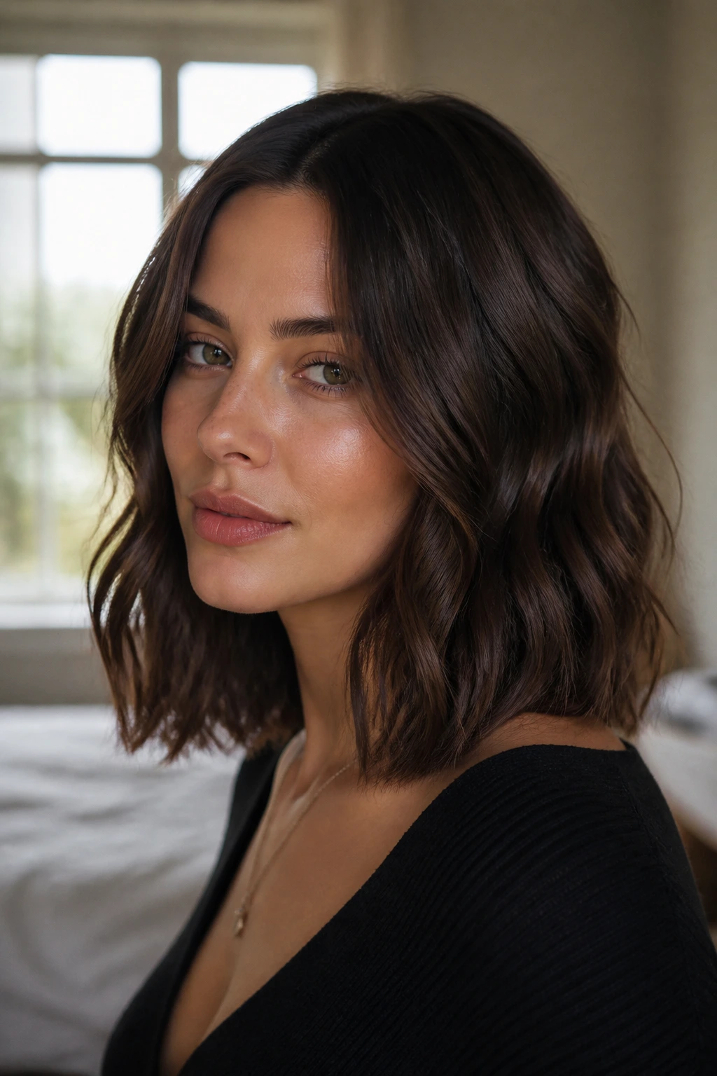 Close-up of a real woman with a sleek shoulder-length wavy lob in natural window light
