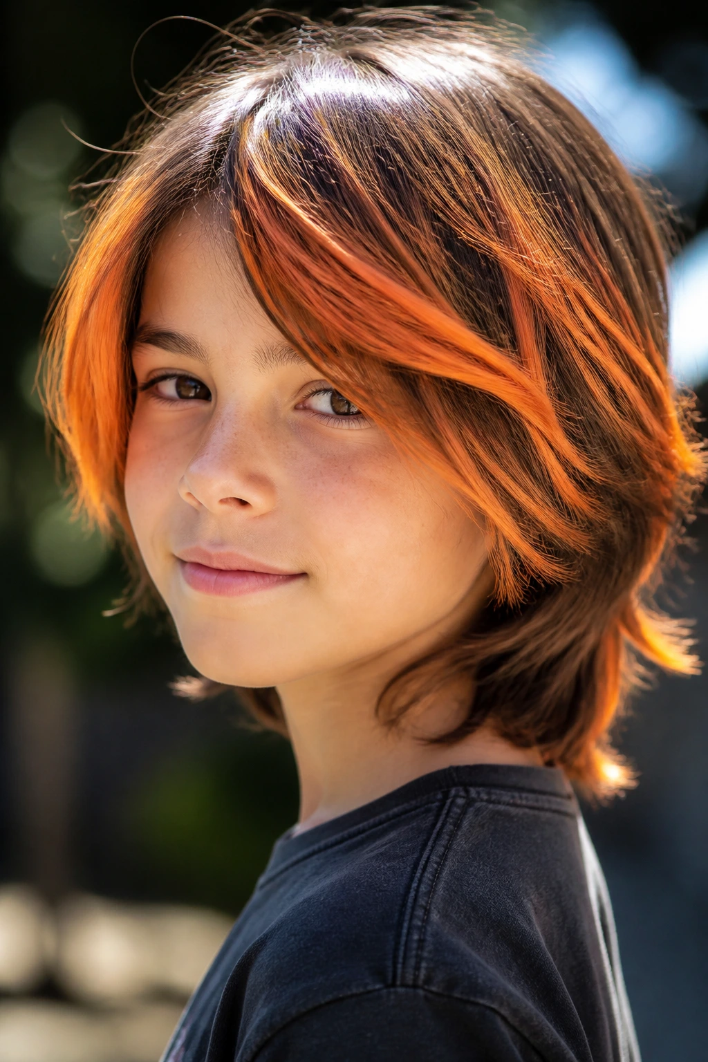 Close-up of a real child with sunset orange highlights in hair outdoors.