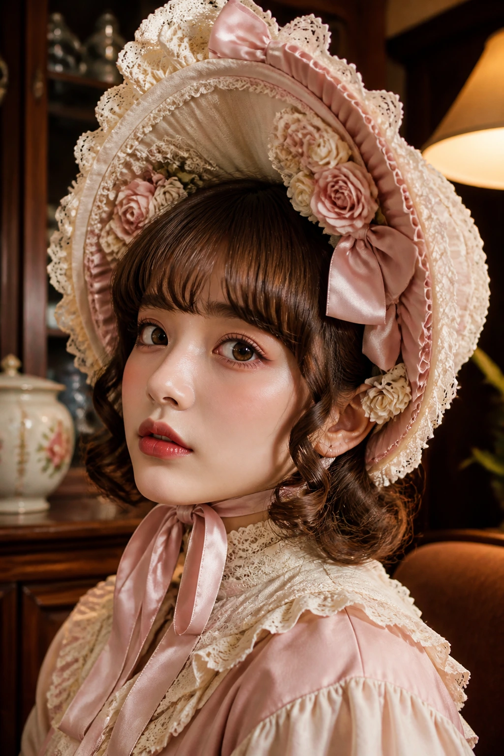 Close-up of a real woman wearing an ornate bonnet with curls visible beneath it