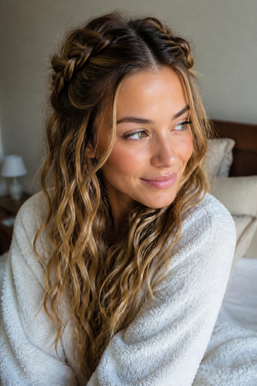 Close-up of a woman with overnight braid waves in a cozy bedroom